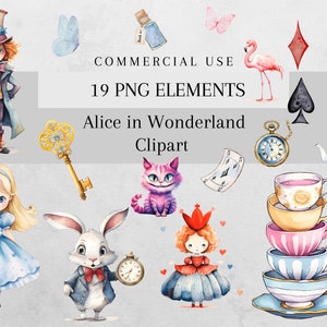 Watercolor Alice in Wonderland PNG Clipart Bundle, Watercolor Alice Mad Hatter White Rabbit Tea Party Illustration, Commercial Use