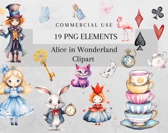 Watercolor Alice in Wonderland PNG Clipart Bundle, Watercolor Alice Mad Hatter White Rabbit Tea Party Illustration, Commercial Use
