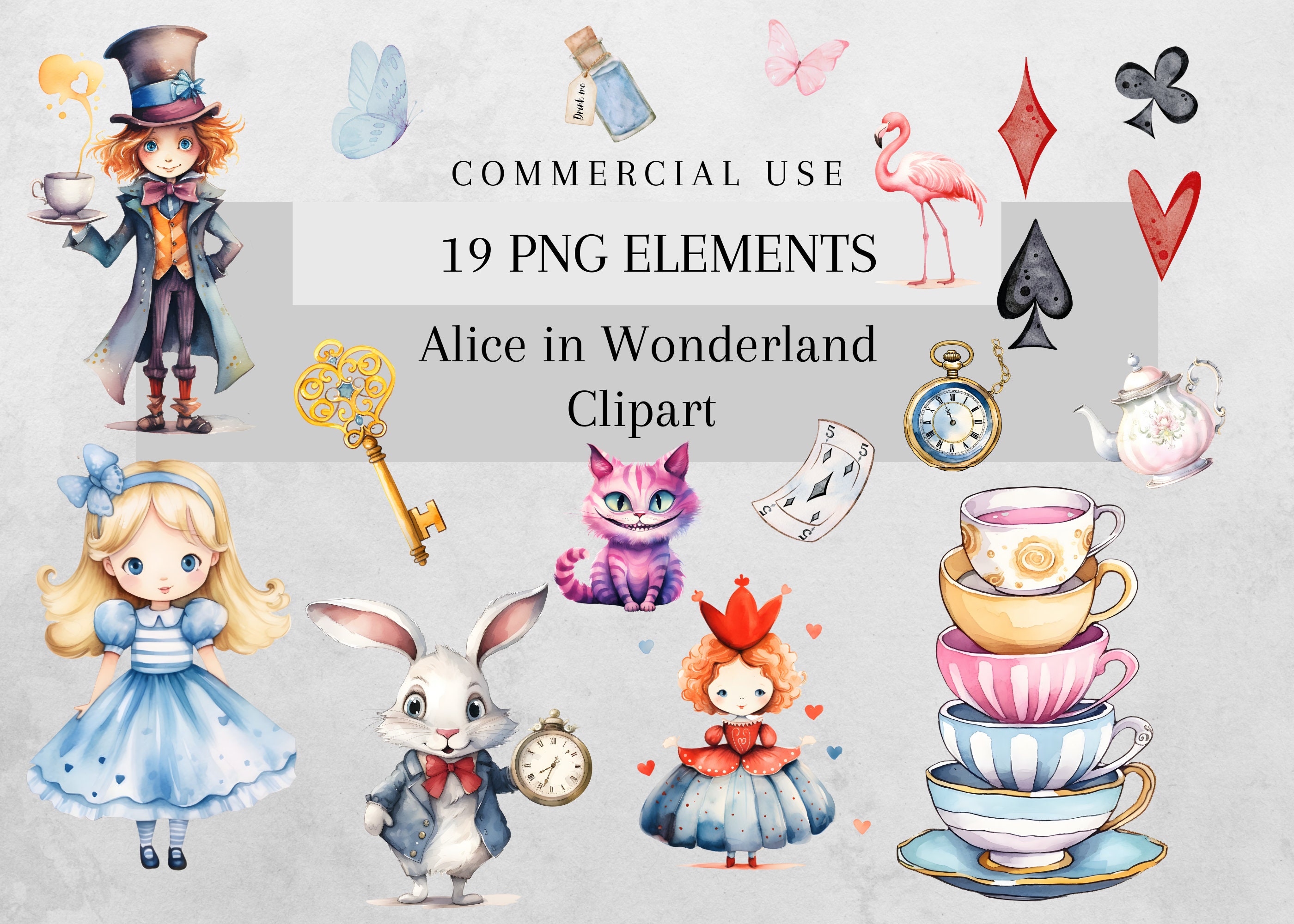 Watercolor alice in wonderland png clipart bundle watercolor etsy