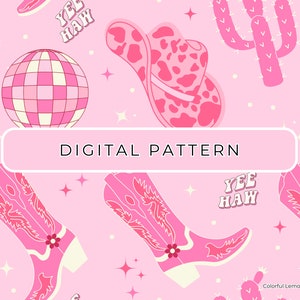 Cowgirl Digital Paper Pattern Theme, Disco Cowgirl Boots Seamless File PNG, Commercial Use, Digital Download