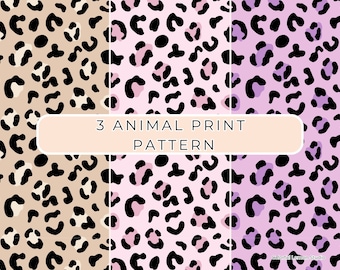 Może przedstawiać: Trzy bezszwowe wzory zwierzęcego nadruku w kolorze beżowym, różowym i fioletowym z czarnymi plamkami. Tekst "3 ANIMAL PRINT PATTERN" znajduje się w środku obrazu.