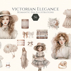 Watercolor Victorian Clipart PNG, Steampunk Clipart, Victorian Dresses Ladies Dolls, Junk Journal, Scrapbooking, Commercial Use, Digital
