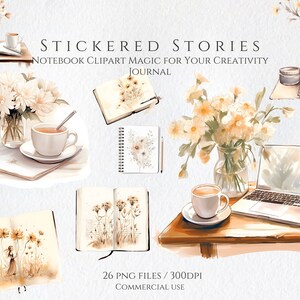 May include: A set of 26 digital clipart images featuring watercolor illustrations of notebooks, flowers, coffee cups, and a laptop. The images are perfect for adding a touch of whimsy to your digital planner or journal.