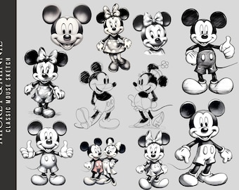 Classic Mickey Minnie Sketch PNG Clipart, Mickey Minnie Hand Draw Pencil Style Black And White Mouse, Retro Classic Mickey, Commercial Use