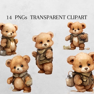 Puede incluir: Cinco ilustraciones de osos de peluche marrones que llevan chaquetas y bufandas marrones. Los osos est&aacute;n en varias poses, algunos sosteniendo cubos y otros llevando cantimploras.