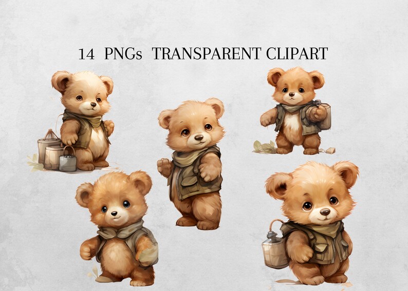 Puede incluir: Cinco ilustraciones de osos de peluche marrones que llevan chaquetas y bufandas marrones. Los osos est&aacute;n en varias poses, algunos sosteniendo cubos y otros llevando cantimploras.