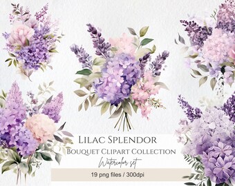 Watercolor Lilac Bouquet Clipart, Purple Flower PNG (Digital)