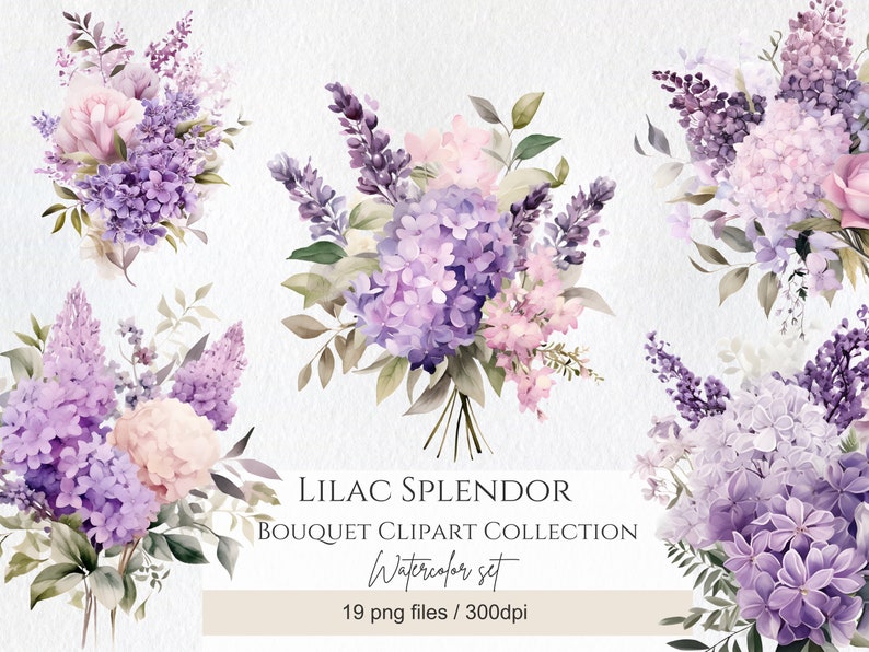 Akvarell lila bukett clipart, lila blomma PNG (digitalt) bild 1