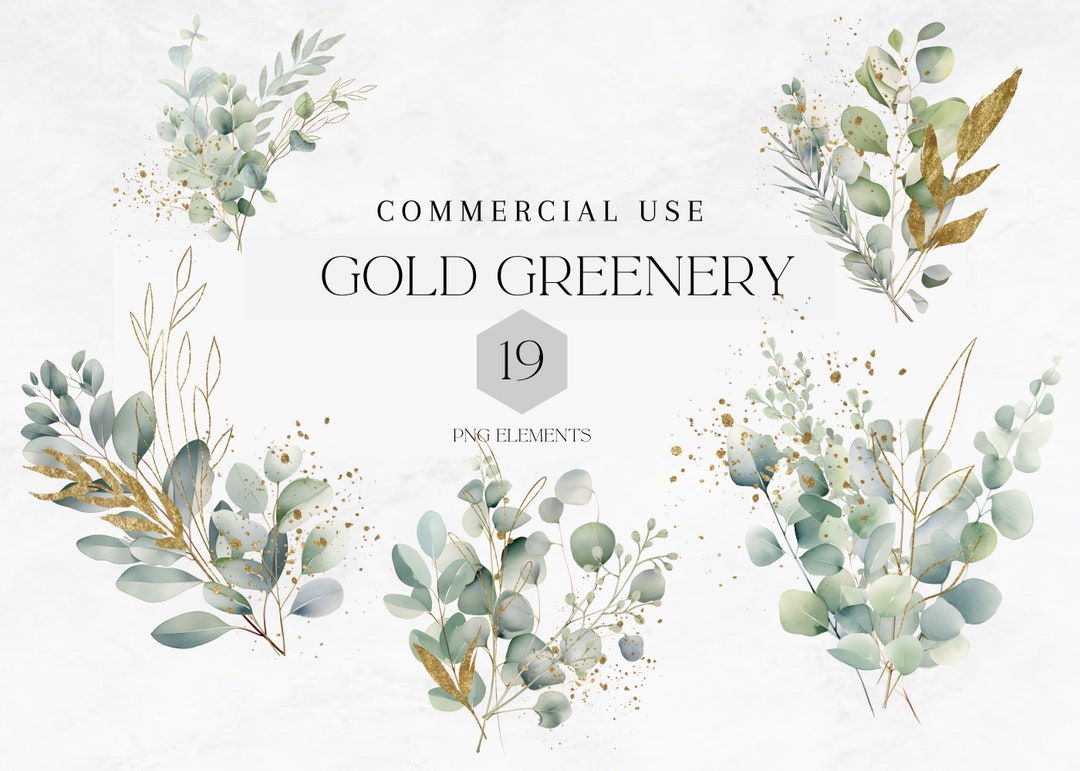Watercolor Eucalyptus Greenery Clipart PNG, 18 Greenery Gold Foliage ...