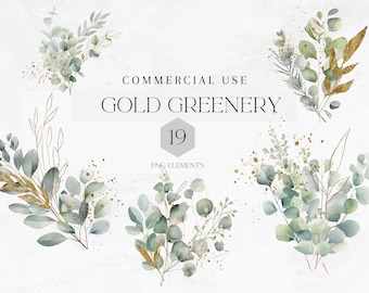 Watercolor Eucalyptus Greenery Clipart PNG, 18 Greenery Gold Foliage Clipart, Gold Greenery, Botanical Clipart, Commercial Use