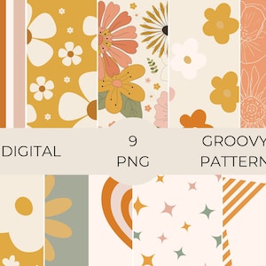 Groovy Boho Digital Papers Pattern, Groovy Seamless Pattern, Flower Pattern, Retro Patterns, Scrapbooking, Commercial Use, Digital Download