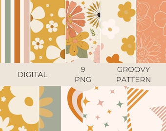 Groovy Floral Digital Paper, Seamless Retro Pattern (Digital Download)