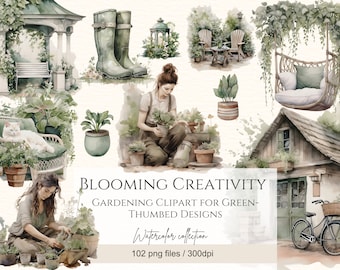 Gardening Clipart 102 PNG Plant Clipart Spring Garden Clipart Cottage House Watercolor spring planner stickers Scrapbooking, Commercial Use