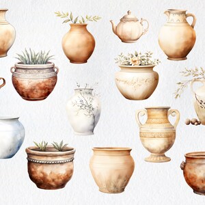 May include: A collection of 12 watercolor illustrations of various pottery and ceramic pieces, including vases, pots, jugs, and a teapot. The illustrations are in shades of brown, beige, and white, with some featuring floral or geometric designs.