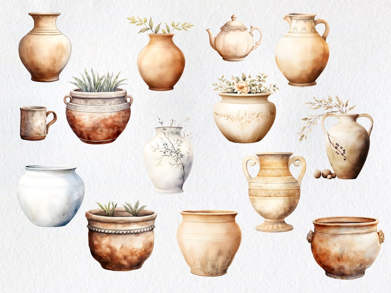 May include: A collection of 12 watercolor illustrations of various pottery and ceramic pieces, including vases, pots, jugs, and a teapot. The illustrations are in shades of brown, beige, and white, with some featuring floral or geometric designs.
