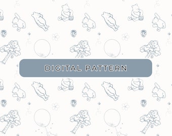 May include: A seamless pattern featuring a light blue Winnie the Pooh bear design. The pattern includes Winnie the Pooh bears holding honey pots, flying through the air, and sitting under a tree. The pattern also includes honey pots, trees, and balloons.