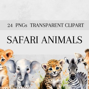 Aquarelle Safari animaux Clipart Bundle, Baby Shower Clipart, décor de pépinière, utilisation commerciale, 24 Png animaux de la Jungle mignon, téléchargement numérique