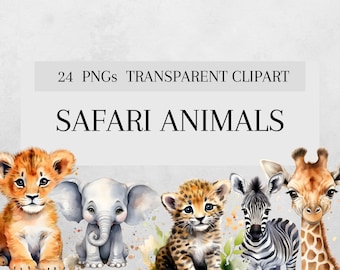 Paquete de imágenes prediseñadas de animales de safari en acuarela, decoración para guardería (descarga digital)