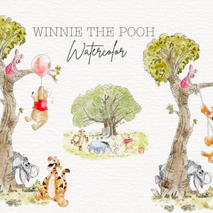 Ensemble de cliparts PNG classique Winnie l'ourson, 3 scènes PNG Winnie l'ourson, Winnie pour baby shower, faire-part d'anniversaire, etc., usage commercial,