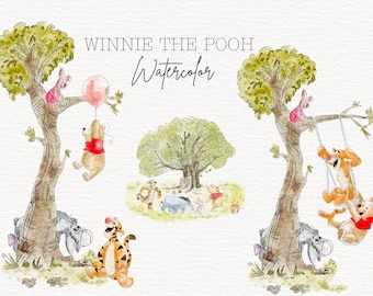 Puede incluir: Ilustración de acuarela de los personajes de Winnie the Pooh, incluyendo Winnie the Pooh, Piglet, Tigger y Eeyore. Los personajes están representados en un entorno de bosque caprichoso con árboles y un globo.