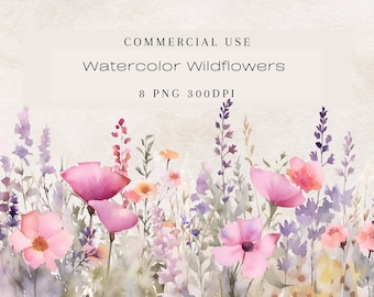 Watercolor Floral Wildflower Clipart PNG, Floral Borders, Meadow, Wedding Clipart, Elegant Blooms, Commercial Use, Digital Download