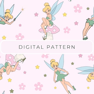 May include: A seamless pattern featuring Tinkerbell, a fairy with blonde hair and green wings, in various poses. The background is pink with scattered stars and flowers.