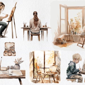 以下が含まれることがあります： 水彩画で描かれた、絵を描く人々の様々なシーンが描かれたアーティストのスタジオのイラスト。イラストには、木製のイーゼル、筆、絵の具のチューブ、森が見える窓が描かれている。
