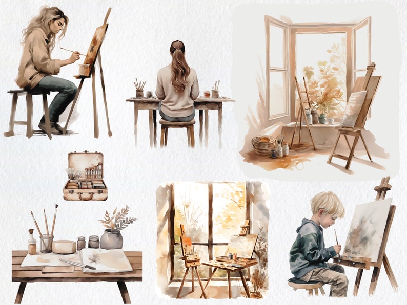 以下が含まれることがあります： 水彩画で描かれた、絵を描く人々の様々なシーンが描かれたアーティストのスタジオのイラスト。イラストには、木製のイーゼル、筆、絵の具のチューブ、森が見える窓が描かれている。