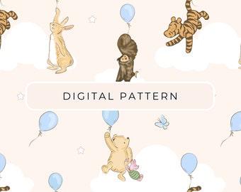 May include: A seamless pattern featuring Winnie the Pooh and friends, including Tigger, Piglet, Rabbit, and Eeyore, flying with blue balloons against a light pink background. The pattern also includes stars and butterflies.