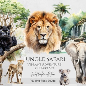 Animali da safari nella giungla ad acquerello, animali esotici, clipart di animali, adesivi per planner, album di ritagli, adesivi, uso commerciale, download digitale