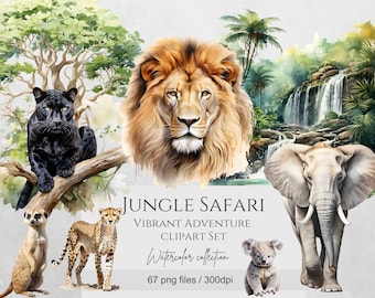 Imágenes prediseñadas de animales de la selva en acuarela, estilo safari PNG, para uso comercial (descarga digital).