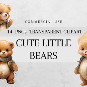Puede incluir: Tres ositos de peluche marrones lindos que usan diferentes atuendos. Los osos est&aacute;n de pie sobre un fondo blanco.  14 PNGs Transparent Clipart Cute Little Bears.