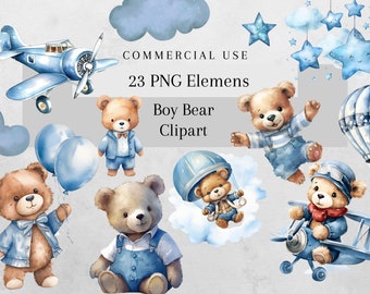 Watercolor Teddy Boy Bear Clip Art Clipart Bundle, Baby Shower Clipart, Nursery decor, Kids clip art, 23 Png Teddy Bears, Digital Download