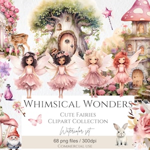 Aquarel Fairy Garden Clipart Bundel 68 Png, Cute Fairy Garden Clipart Enchanted Forest, Kleurrijke Magische Feeën, Commercieel Gebruik