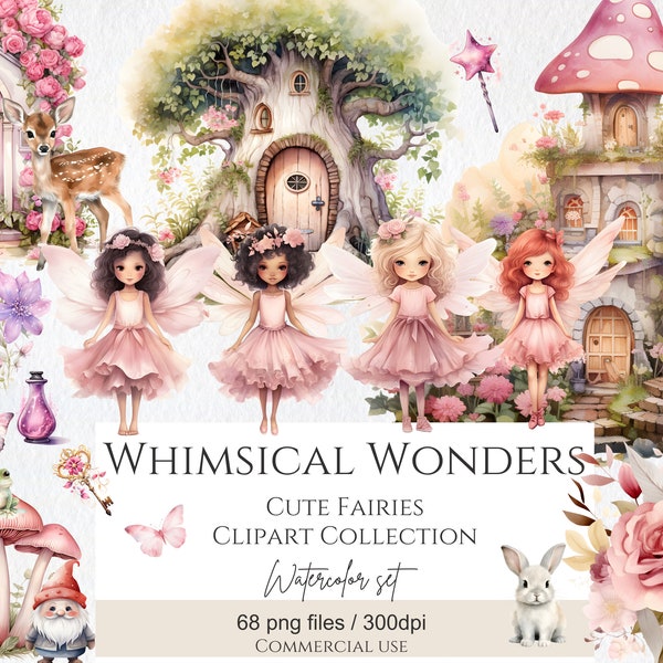 Aquarelle Fairy Garden Clipart Bundle 68 Png, Cute Fairy Garden Clipart Forêt enchantée, Fées magiques colorées, Utilisation commerciale