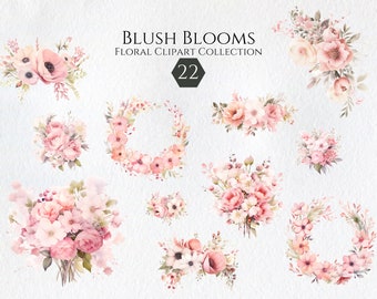 Watercolor Blush Rose Floral Clipart Bundle, Dusty Roses Floral Clipart, Pink Floral, Botanical, Scrapbooking, Junk Journal, Commercial Use