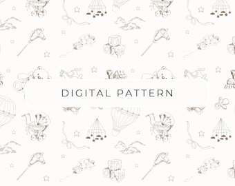 Teddybeer Toile de Jouy patroon, digitaal papier voor babyshower (PNG, PDF)