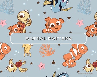 Cute Fish Digital Paper Pattern Theme, Summer Seashell Starfish Seamless File PNG, Fish effect, Commercial Use, Digital Download