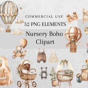 Aquarela Boho Nursery Baby Clipart Bundle, Cute Nursery Recém-nascido PNG Baby Toys Clothes 52 Png Baby Shower Theme Clipart Uso comercial
