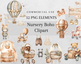 Watercolor Boho Nursery Baby Clipart Bundle, Cute Nursery Newborn baby PNG Baby Toys Clothes 52 Png Baby Shower Theme Clipart Commercial Use