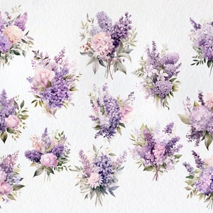 Akvarell lila bukett clipart, lila blomma PNG (digitalt) bild 2