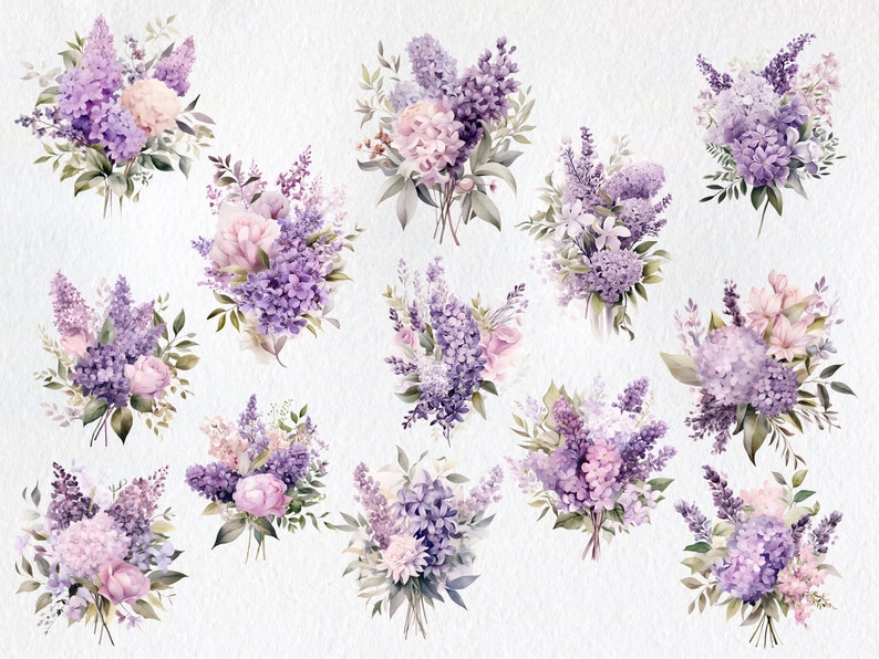Akvarell lila bukett clipart, lila blomma PNG (digitalt) bild 2