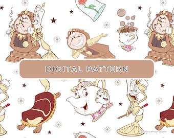 Princess Belle Digital Paper Pattern Theme, Beauty Belle Seamless File PNG, Commercial Use, Digital Download