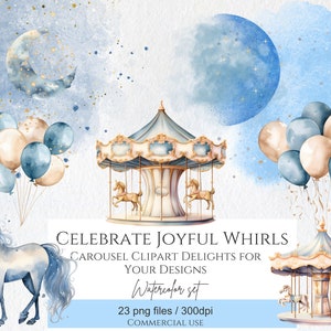 Aquarelle Carrousel Clipart PNG Clipart Bundle, Carrousel Horse, Fairy Tale Princess, Blue HorseClipart, Utilisation commerciale, Numérique