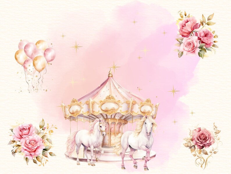 Carousel Pink Roses Watercolour Carousel Clipart PNG Clipart Bundle, Carousel Horse, Fairy ...