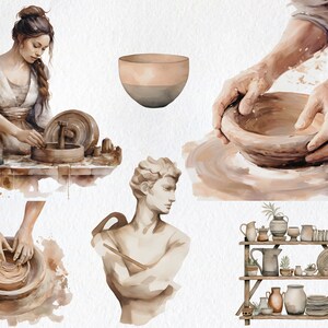 May include: Watercolor painting of pottery making. A woman is working on a pottery wheel, a man is shaping a bowl on a pottery wheel, and a bust of a person is shown. There is a shelf with various pottery items, including bowls, plates, and vases.