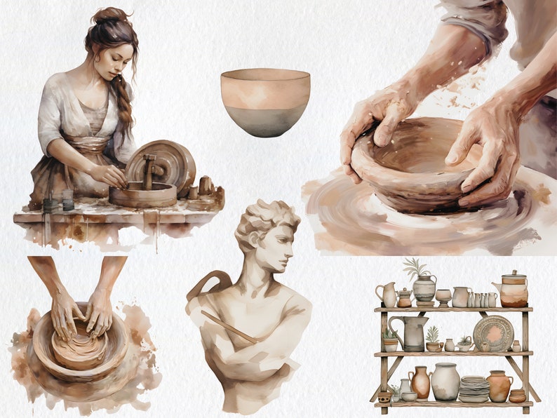 May include: Watercolor painting of pottery making. A woman is working on a pottery wheel, a man is shaping a bowl on a pottery wheel, and a bust of a person is shown. There is a shelf with various pottery items, including bowls, plates, and vases.