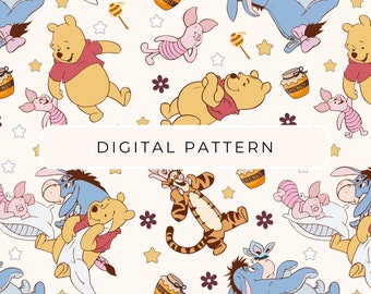 May include: A seamless pattern featuring Winnie the Pooh, Piglet, and Eeyore characters in various poses. The background is a light cream color with stars, flowers, and honey pots.