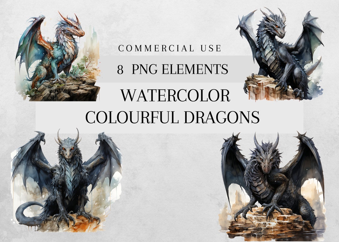 Watercolor Black Fantasy Dragon Clipart PNG, Commercial Use, Black PNG ...