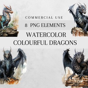 Watercolor Black Fantasy Dragon Clipart PNG, Commercial Use, Black PNG Dragons, Card Making, Scrapbook, Junk Journal, Paper Crafts